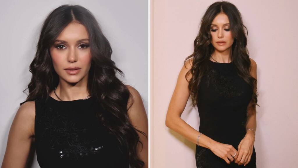 nina dobrev black dress Nina Dobrev's Black Catsuit Plunges to Her Ribs for 37th Birthday